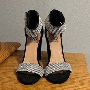 Daisy Fuentes Black Heels with Silver Rhinestone Straps